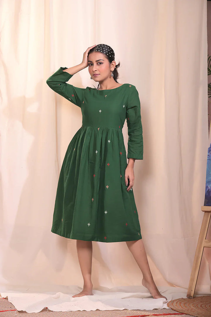 Forest Blossom Green Jamdani Dress | SHOBITAM
