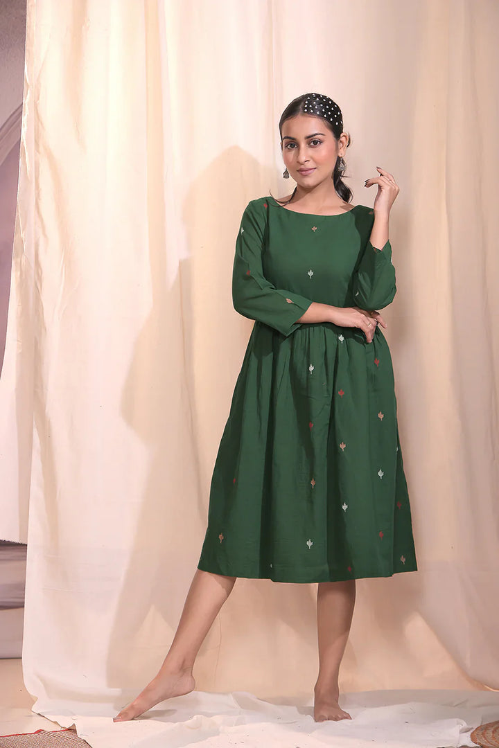 Forest Blossom Green Jamdani Dress | SHOBITAM