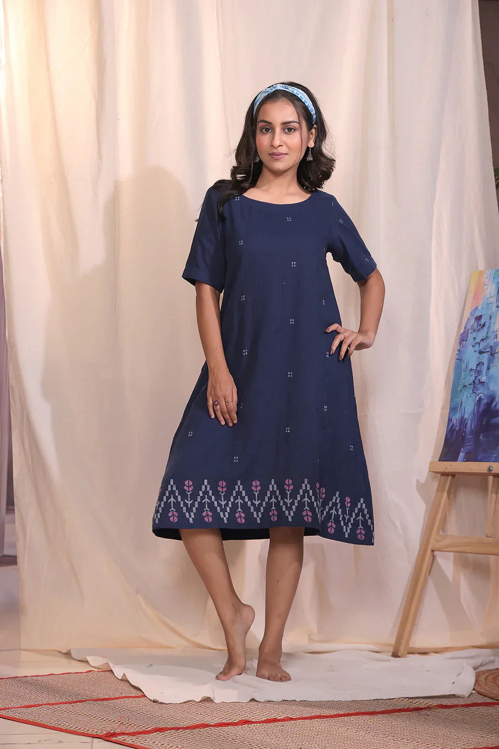 Navy Meadow Jamdani Dress | SHOBITAM