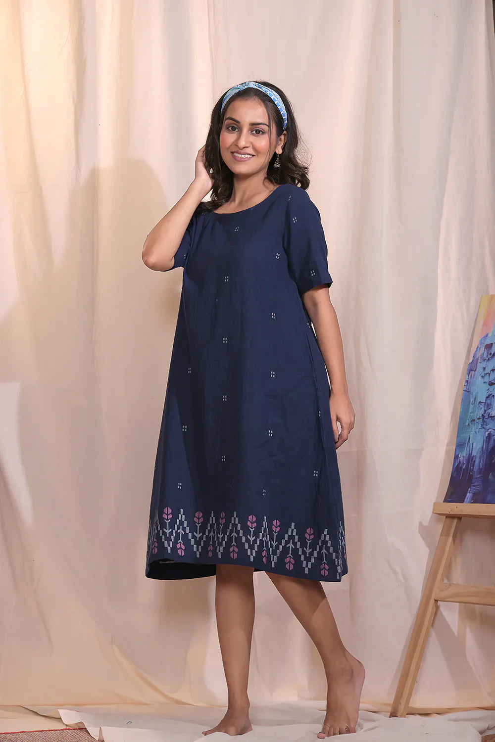 Navy Meadow Jamdani Dress | SHOBITAM
