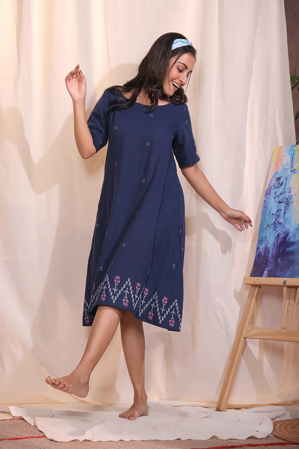 Navy Meadow Jamdani Dress | SHOBITAM