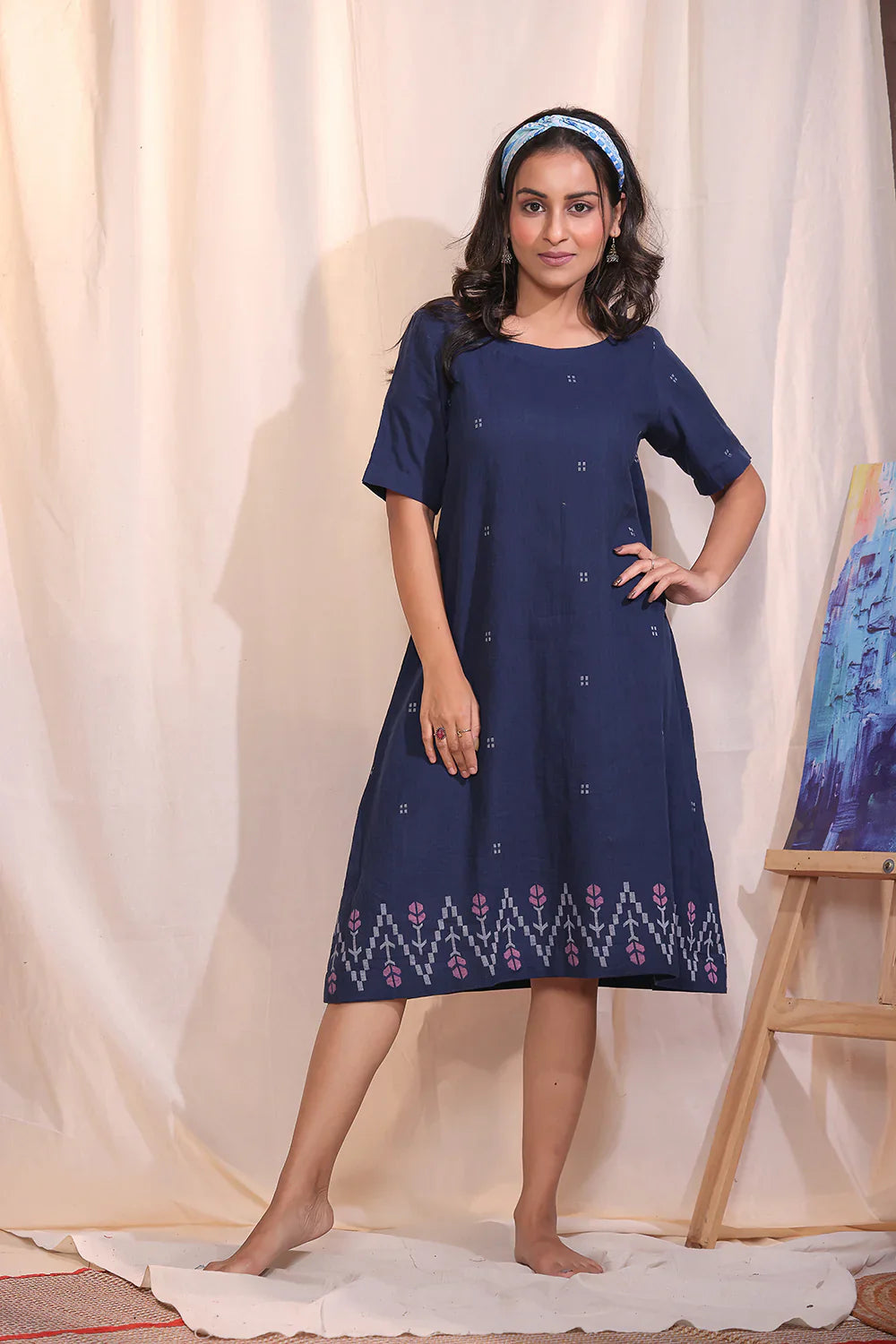 Navy Meadow Jamdani Dress | SHOBITAM