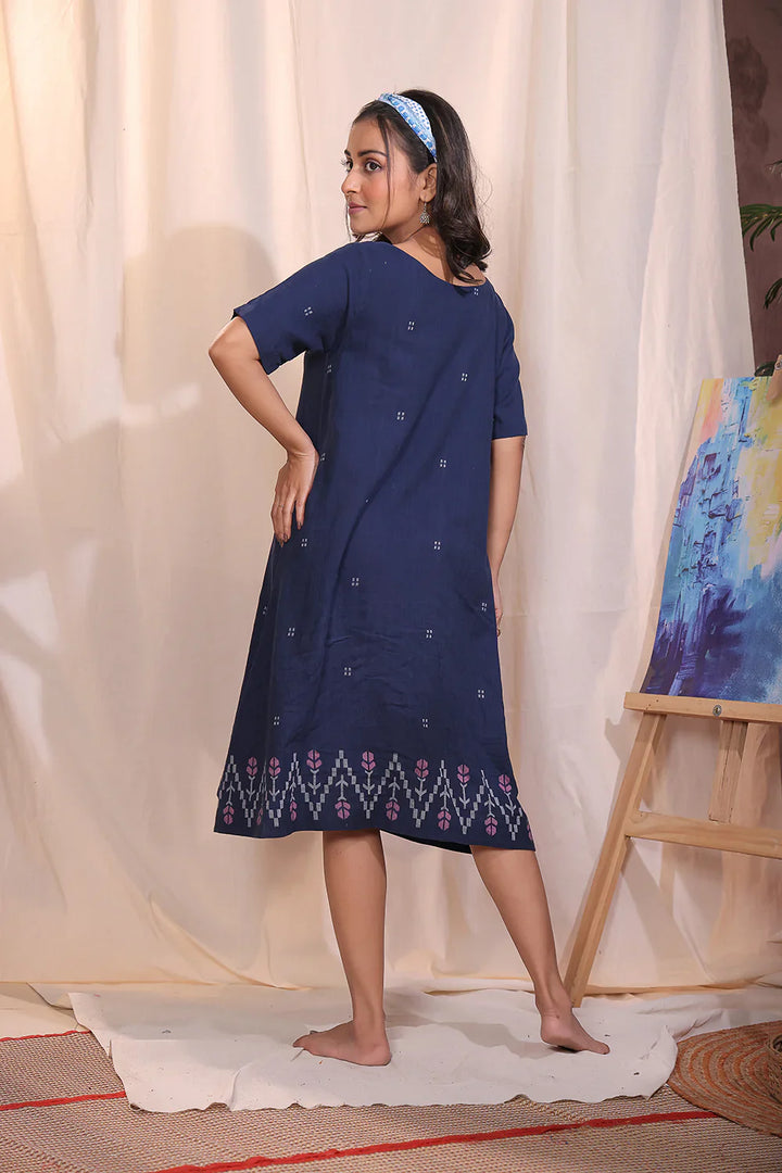Navy Meadow Jamdani Dress | SHOBITAM