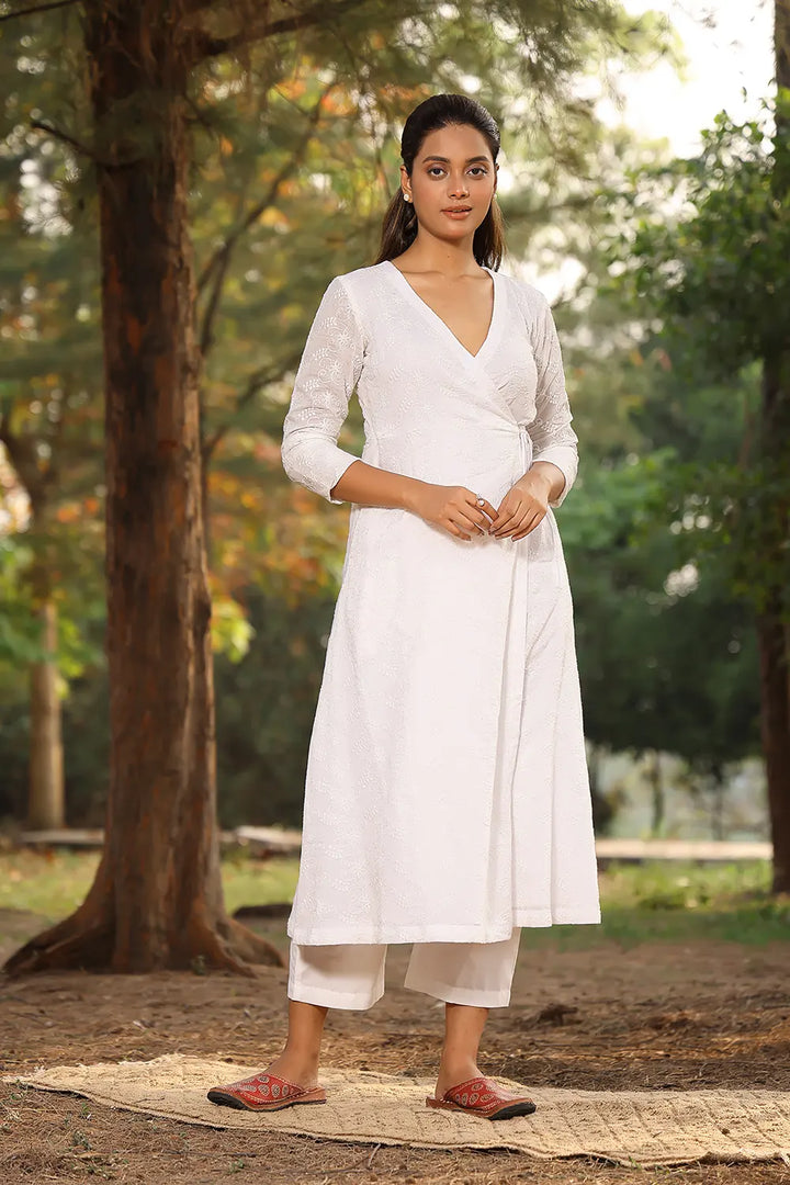 White Pure Cotton Angrakha With Dori Tie Up Co-ord Set | SHOBITAM