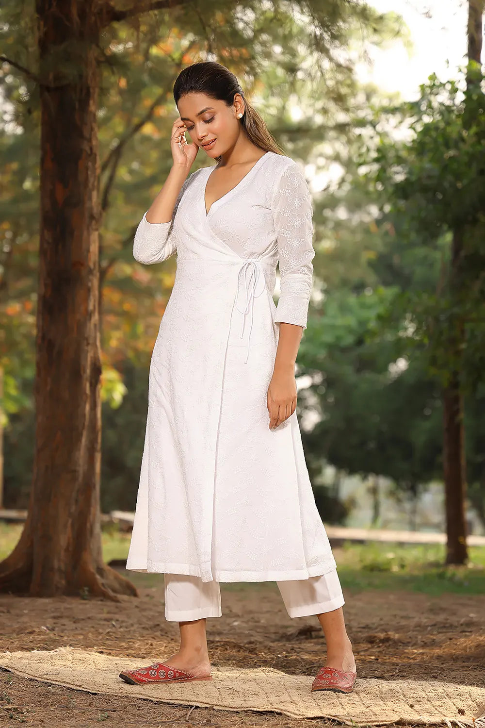 White Pure Cotton Angrakha With Dori Tie Up Co-ord Set | SHOBITAM
