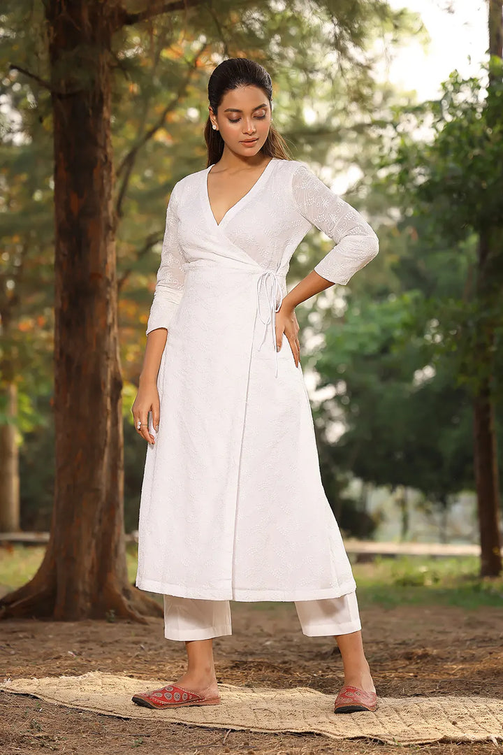 White Pure Cotton Angrakha With Dori Tie Up Co-ord Set | SHOBITAM