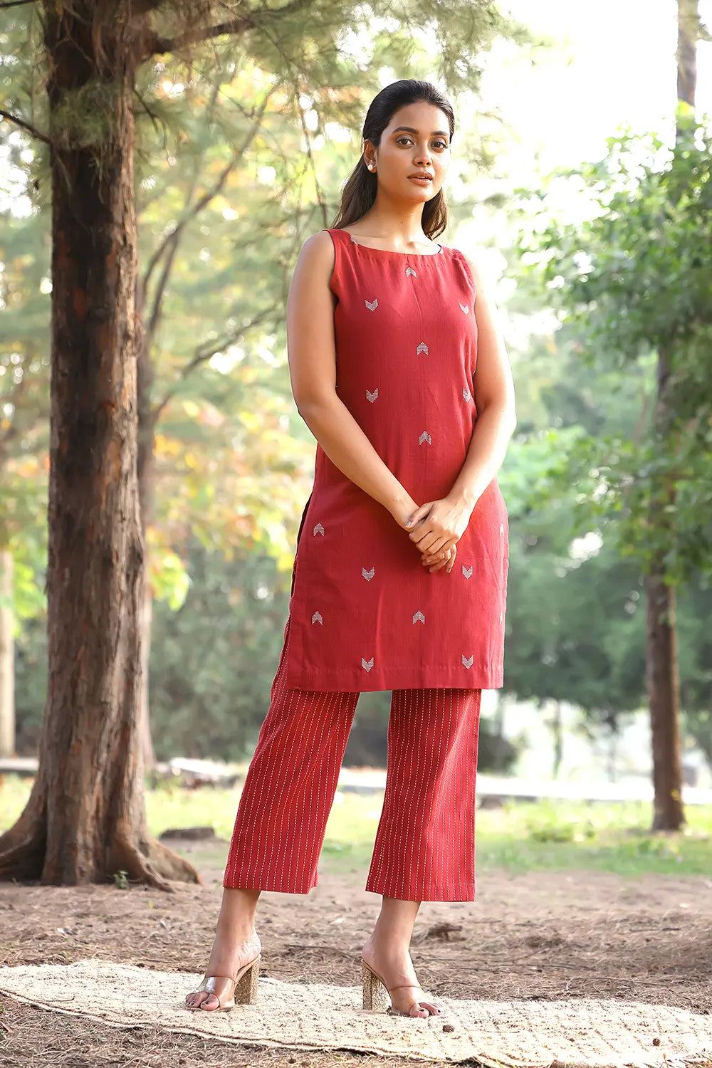 Brick Red Pure Cotton Kurta With Stripes Pant Co-ord Set | SHOBITAM