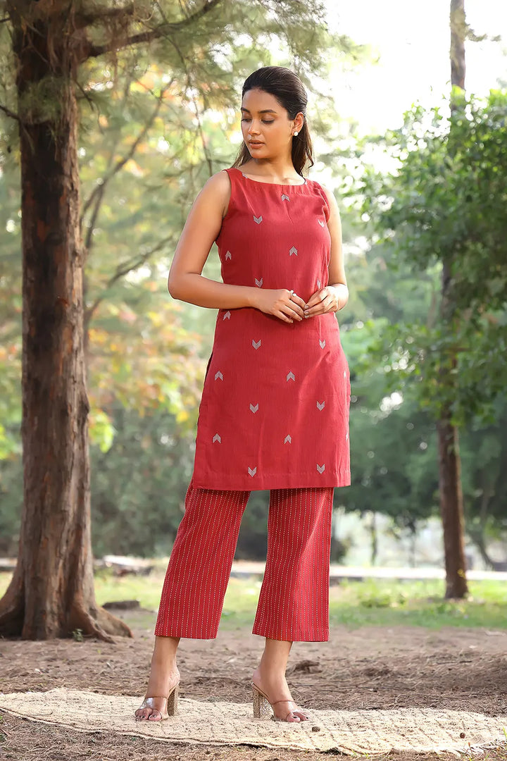 Brick Red Pure Cotton Kurta With Stripes Pant Co-ord Set | SHOBITAM