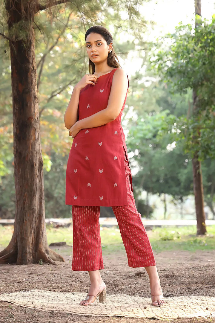 Brick Red Pure Cotton Kurta With Stripes Pant Co-ord Set | SHOBITAM