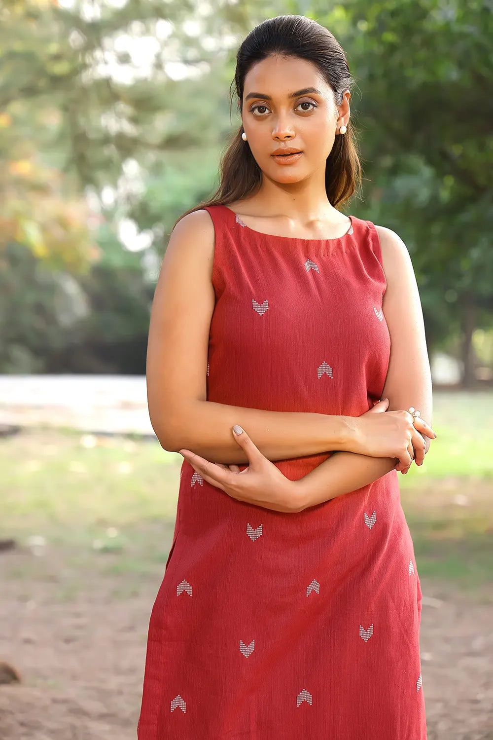 Brick Red Pure Cotton Kurta With Stripes Pant Co-ord Set | SHOBITAM