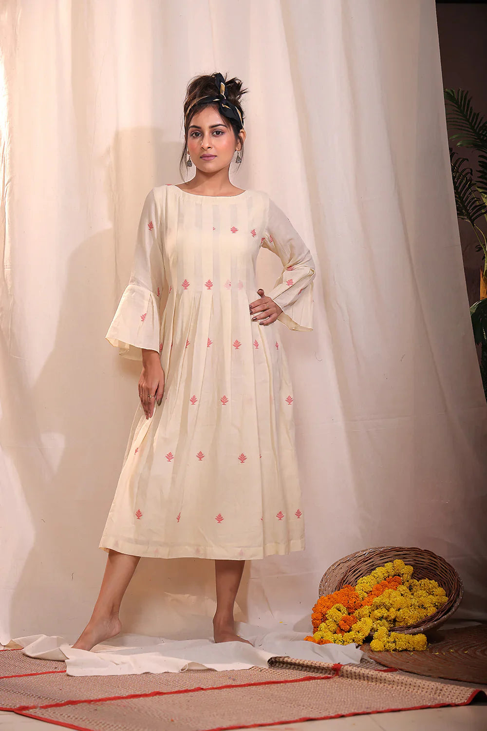 Cream Jamdani Dress | SHOBITAM