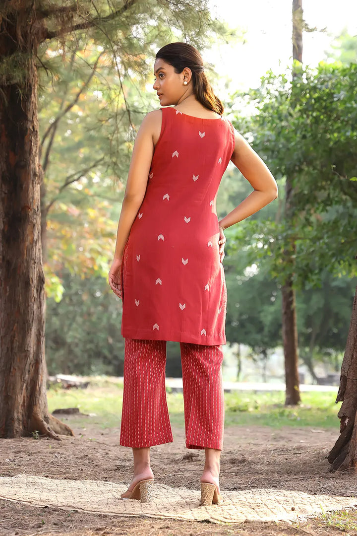 Brick Red Pure Cotton Kurta With Stripes Pant Co-ord Set | SHOBITAM