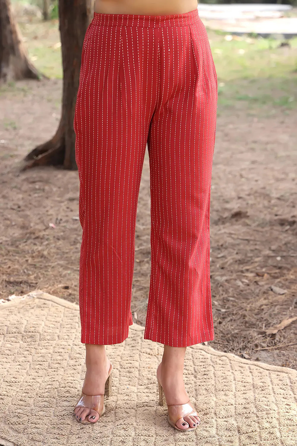 Brick Red Pure Cotton Kurta With Stripes Pant Co-ord Set | SHOBITAM