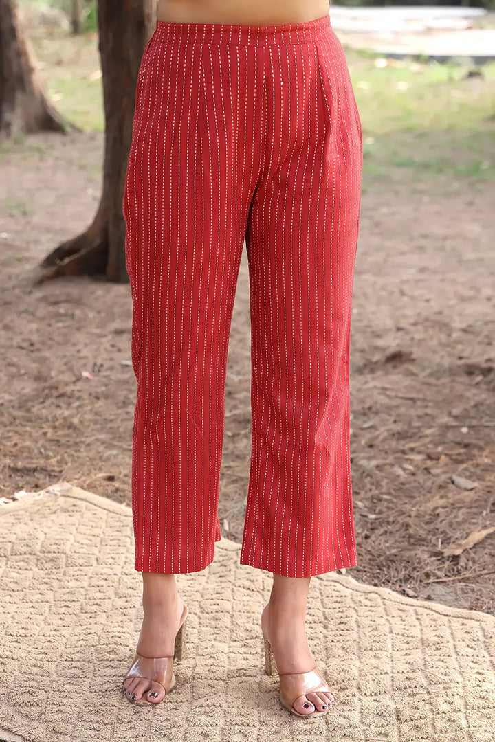 Brick Red Pure Cotton Kurta With Stripes Pant Co-ord Set | SHOBITAM