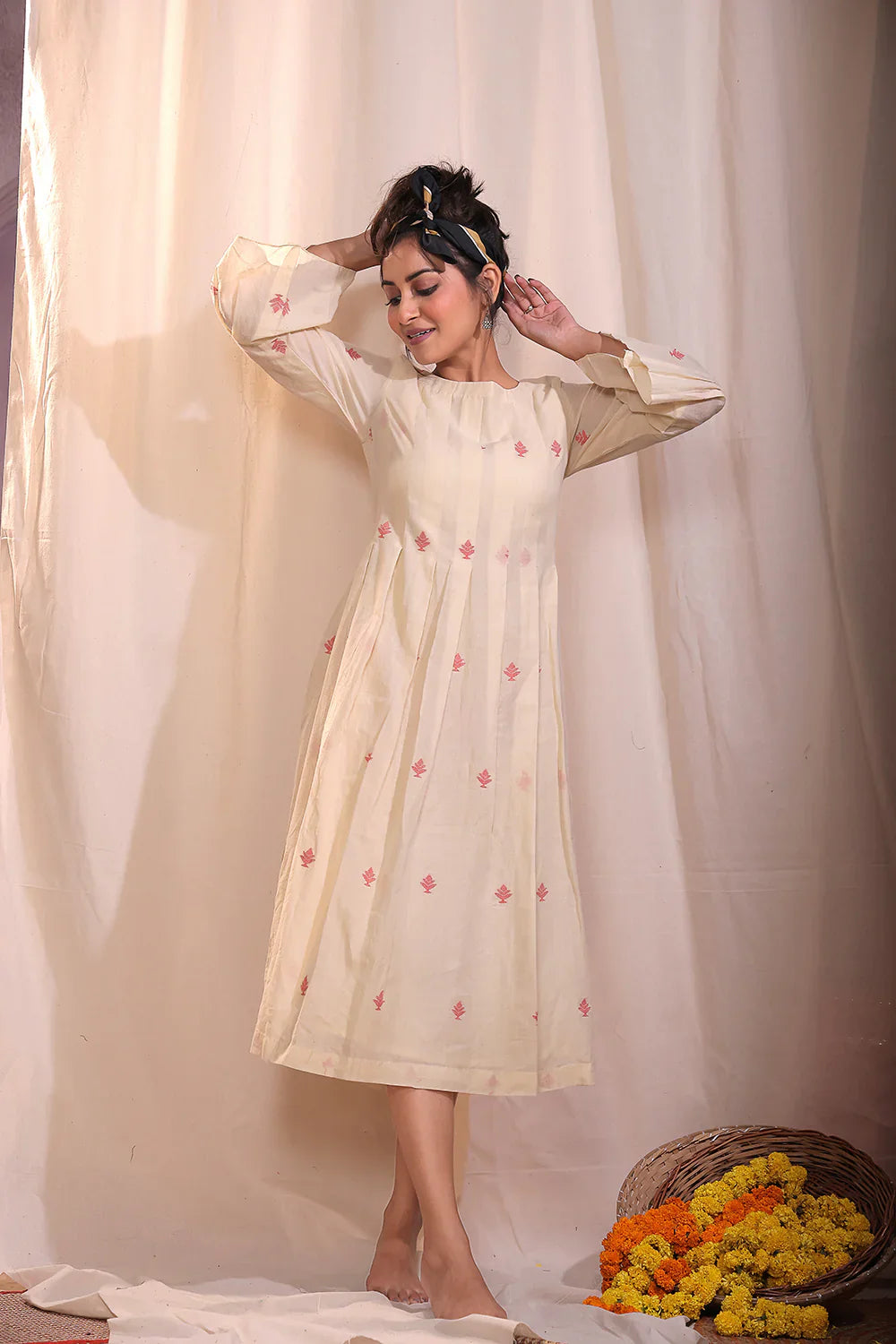 Cream Jamdani Dress | SHOBITAM