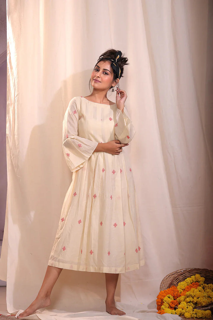 Cream Jamdani Dress | SHOBITAM