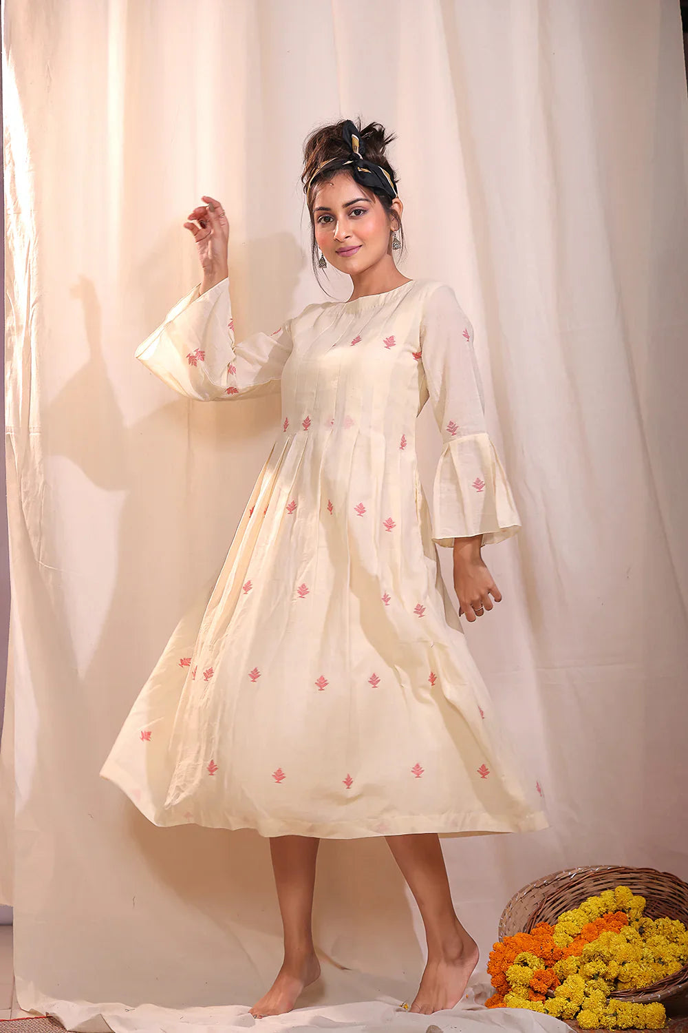 Cream Jamdani Dress | SHOBITAM