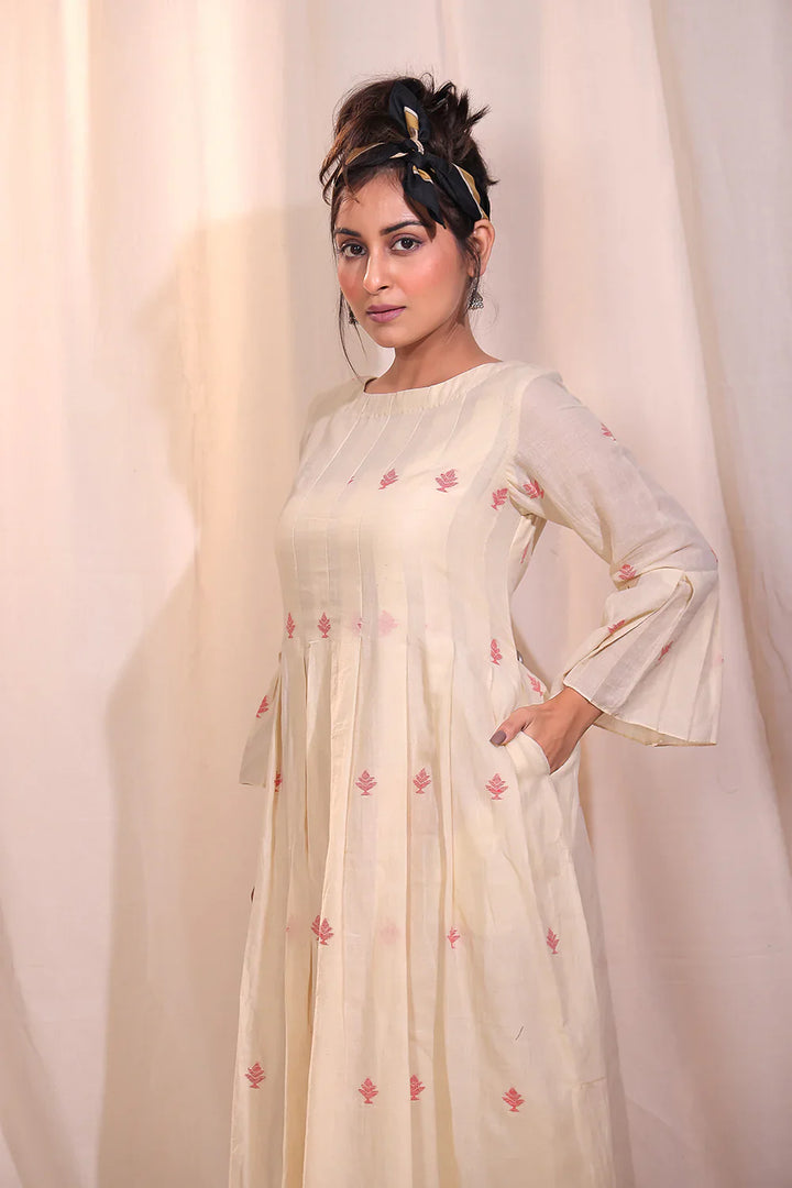 Cream Jamdani Dress | SHOBITAM