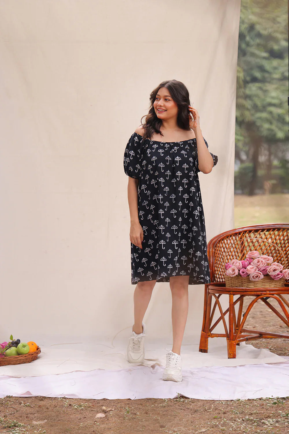 Drizzle Black Block Print Cotton Dress | SHOBITAM