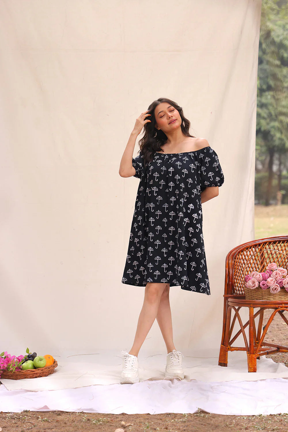 Drizzle Black Block Print Cotton Dress | SHOBITAM