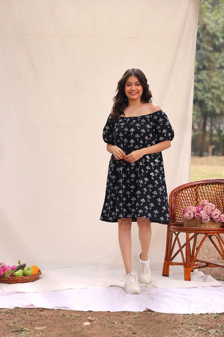 Drizzle Black Block Print Cotton Dress | SHOBITAM
