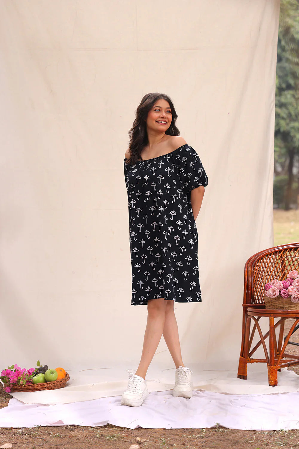 Drizzle Black Block Print Cotton Dress | SHOBITAM