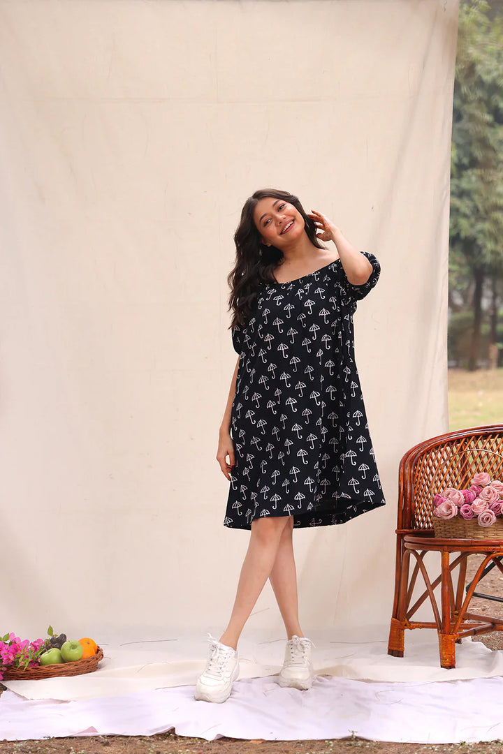 Drizzle Black Block Print Cotton Dress | SHOBITAM
