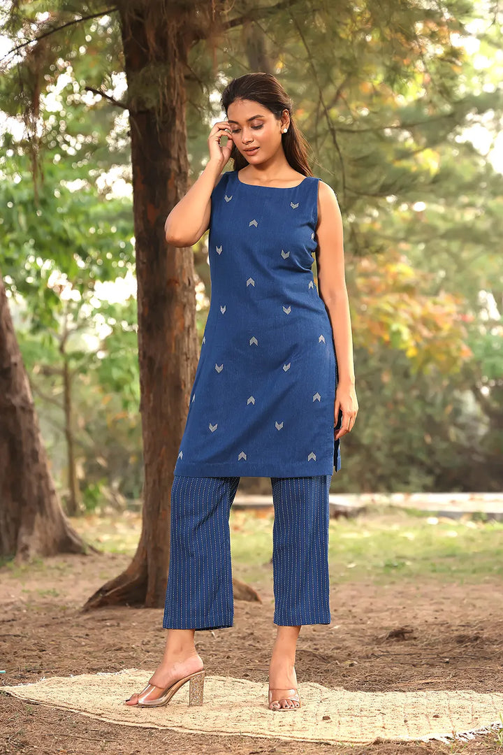 Blue Pure Cotton Kurta with Stripes Pant Co-Ord Set | SHOBITAM