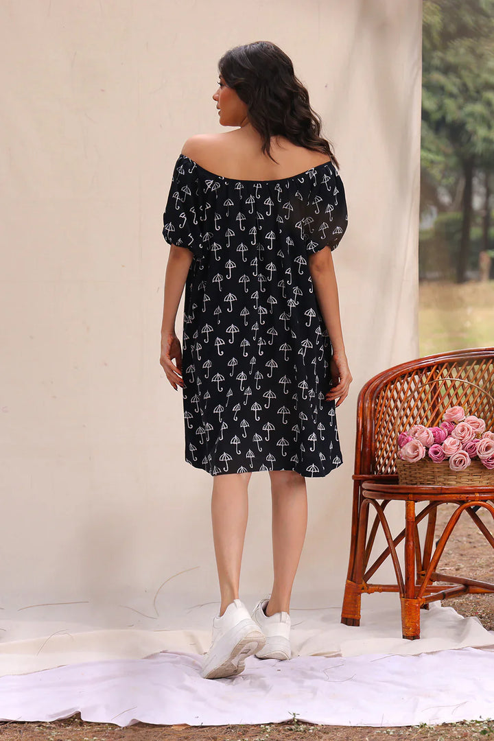 Drizzle Black Block Print Cotton Dress | SHOBITAM