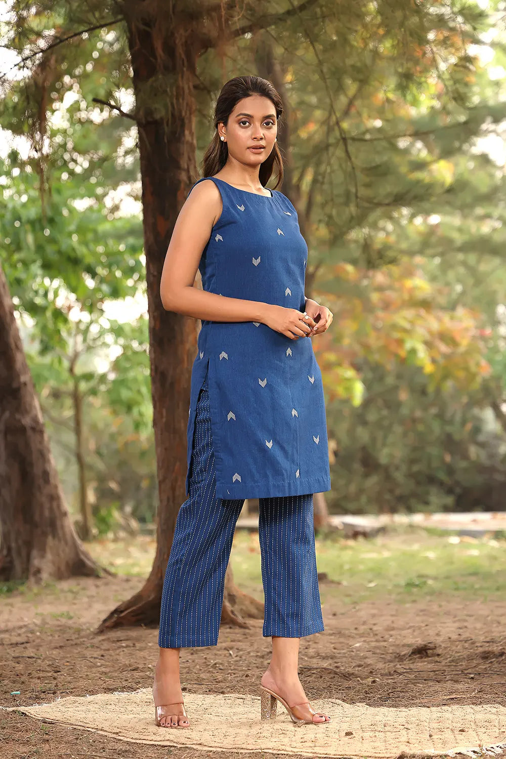 Blue Pure Cotton Kurta with Stripes Pant Co-Ord Set | SHOBITAM