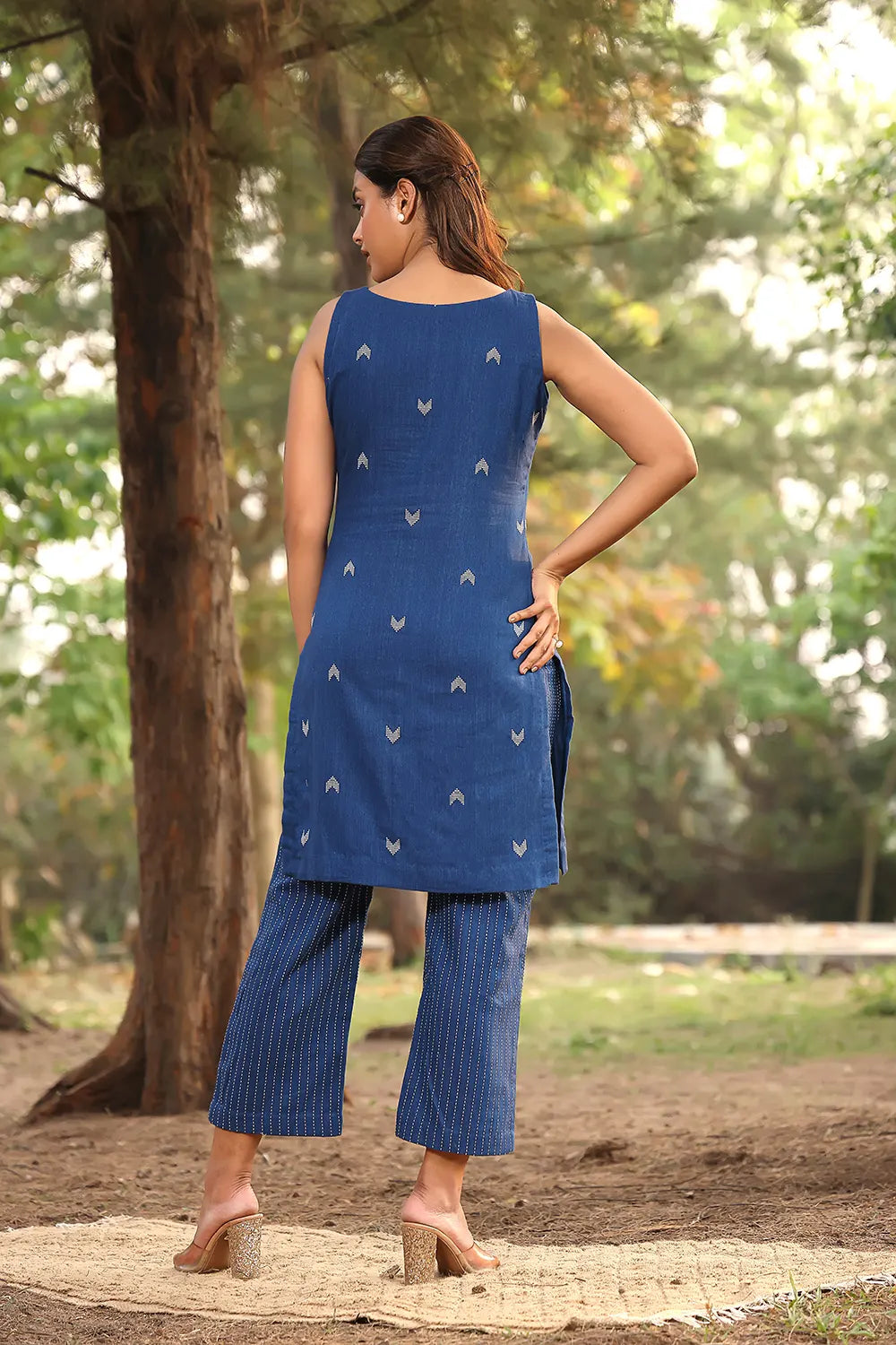 Blue Pure Cotton Kurta with Stripes Pant Co-Ord Set | SHOBITAM