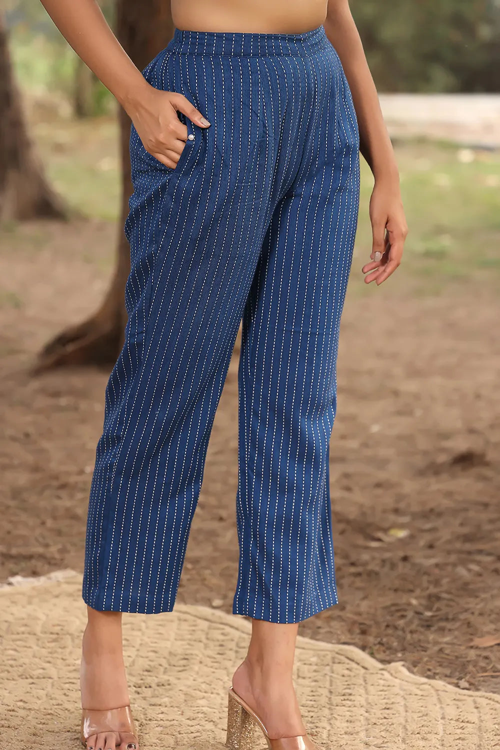 Blue Pure Cotton Kurta with Stripes Pant Co-Ord Set | SHOBITAM