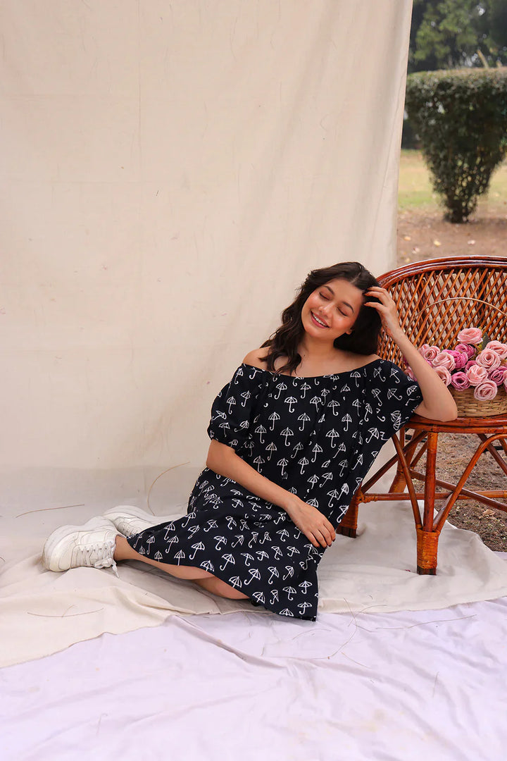 Drizzle Black Block Print Cotton Dress | SHOBITAM