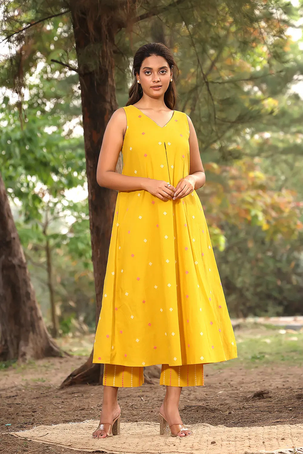 Yellow Pure Cotton Co-ord Set With Woven Pink & White Motifs | SHOBITAM