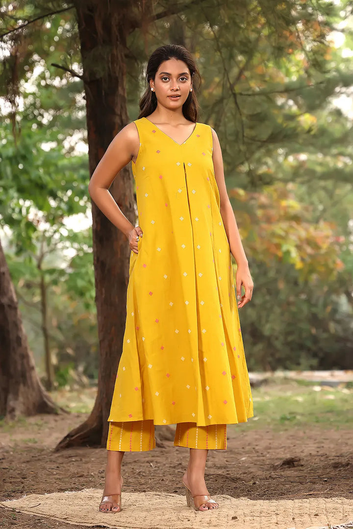 Yellow Pure Cotton Co-ord Set With Woven Pink & White Motifs | SHOBITAM