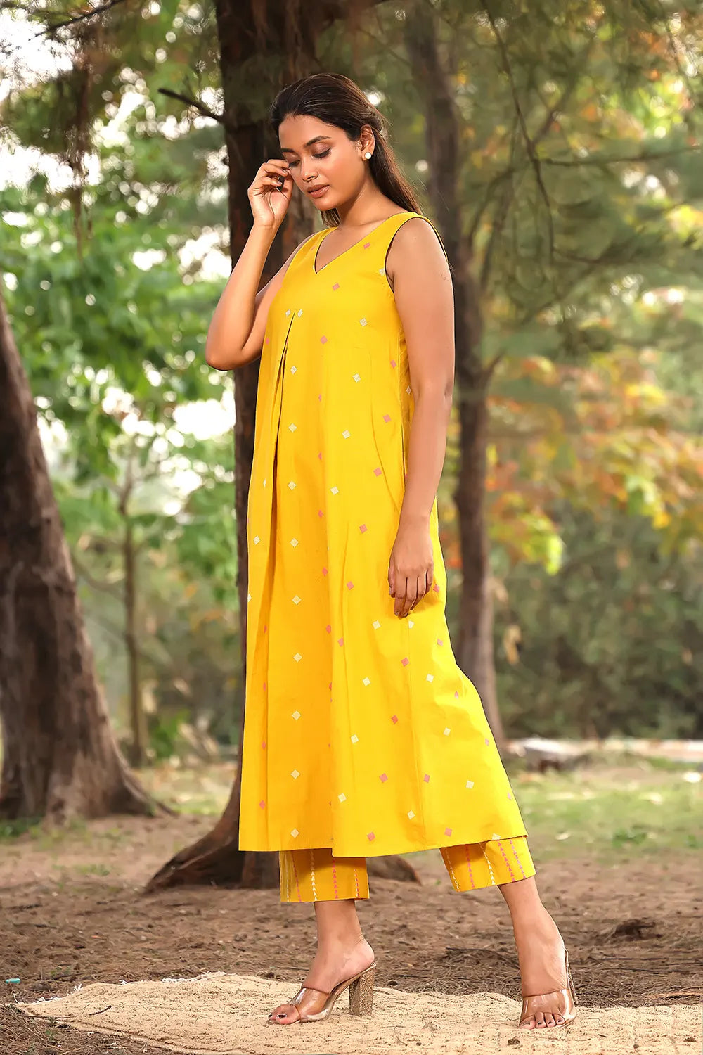 Yellow Pure Cotton Co-ord Set With Woven Pink & White Motifs | SHOBITAM