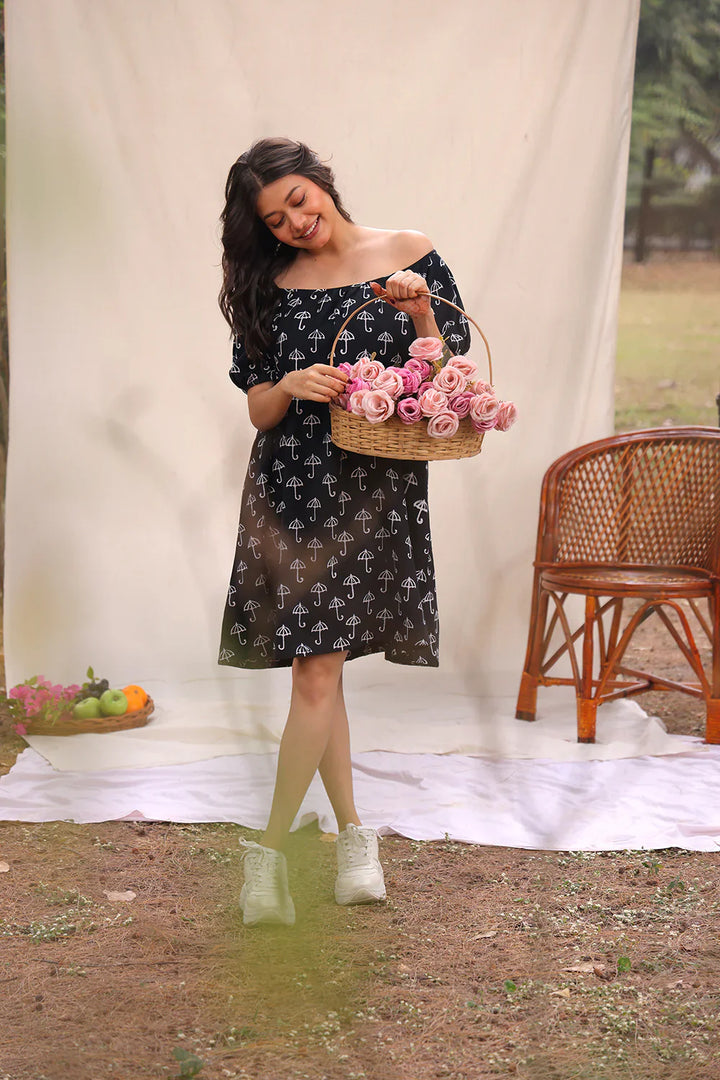 Drizzle Black Block Print Cotton Dress | SHOBITAM