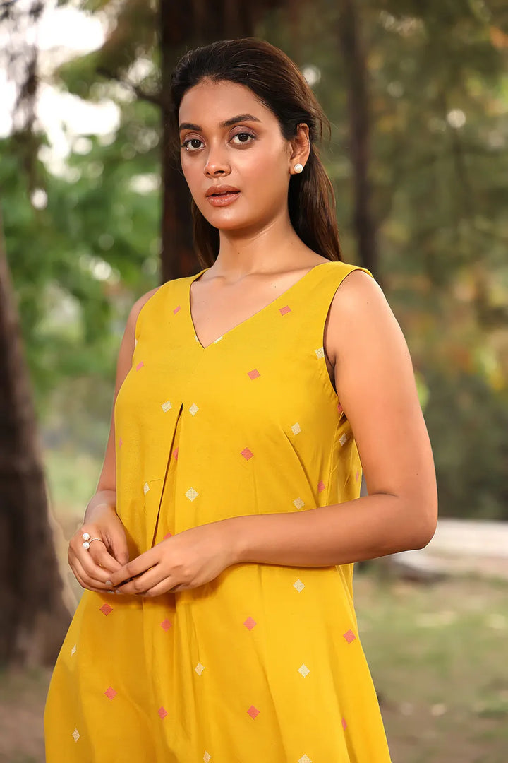 Yellow Pure Cotton Co-ord Set With Woven Pink & White Motifs | SHOBITAM