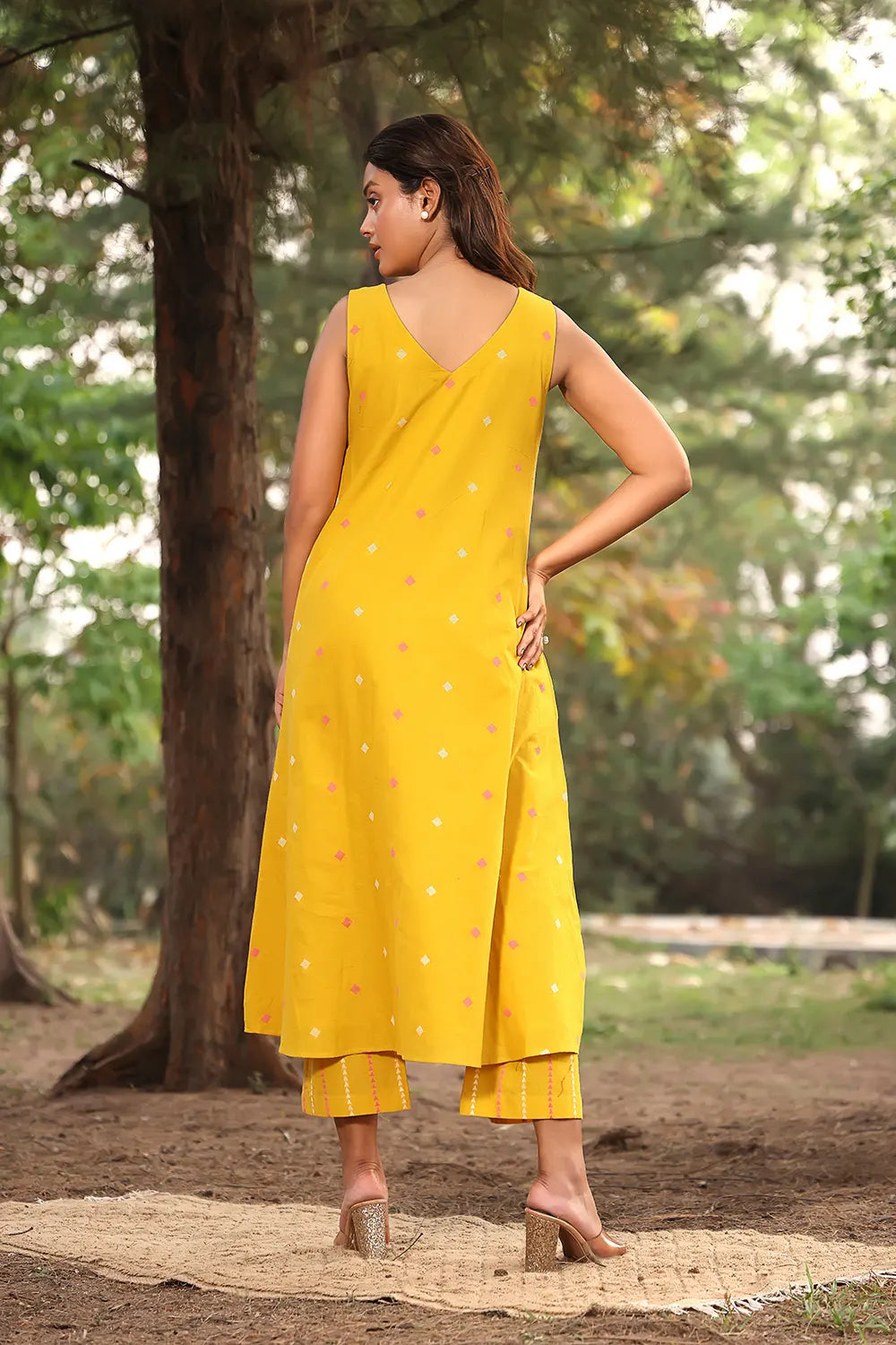 Yellow Pure Cotton Co-ord Set With Woven Pink & White Motifs | SHOBITAM
