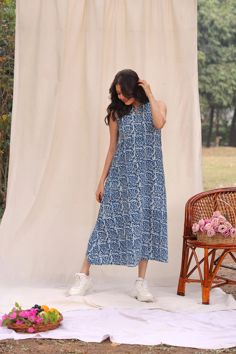 Indigo Leaf Block Print Cotton Dress | SHOBITAM