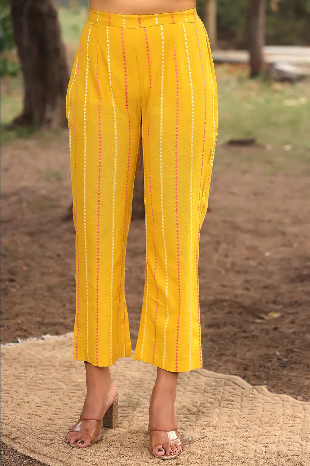 Yellow Pure Cotton Co-ord Set With Woven Pink & White Motifs | SHOBITAM
