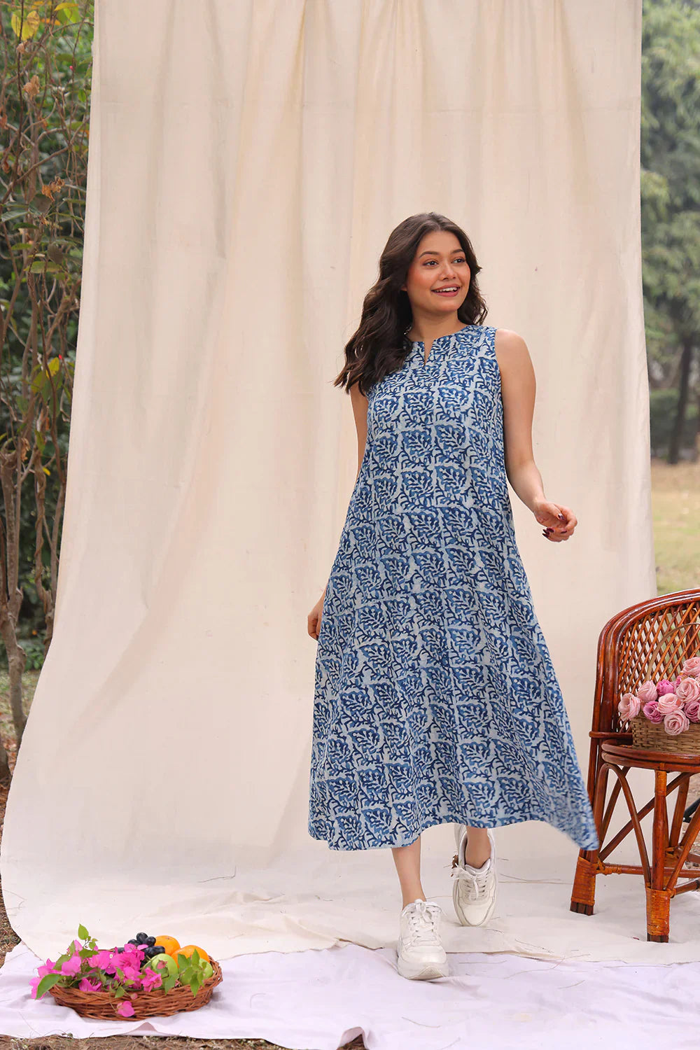 Indigo Leaf Block Print Cotton Dress | SHOBITAM