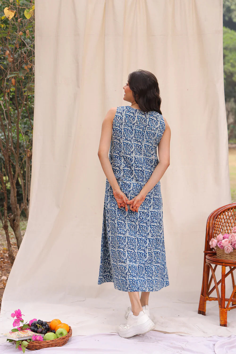 Indigo Leaf Block Print Cotton Dress | SHOBITAM