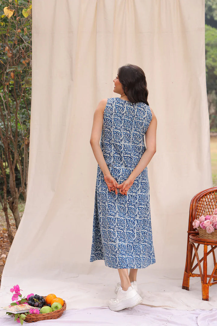 Indigo Leaf Block Print Cotton Dress | SHOBITAM