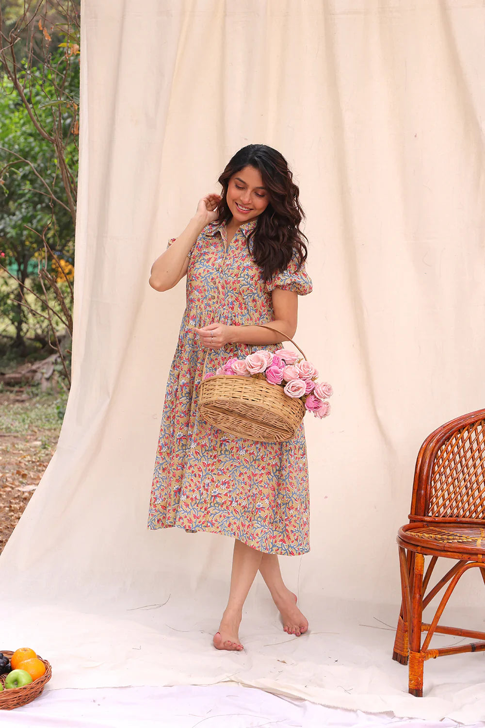 Beige Floral Block Print Cotton Dress | SHOBITAM