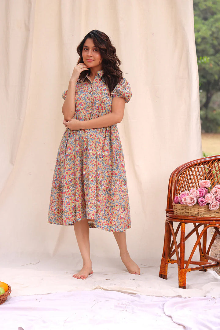 Beige Floral Block Print Cotton Dress | SHOBITAM