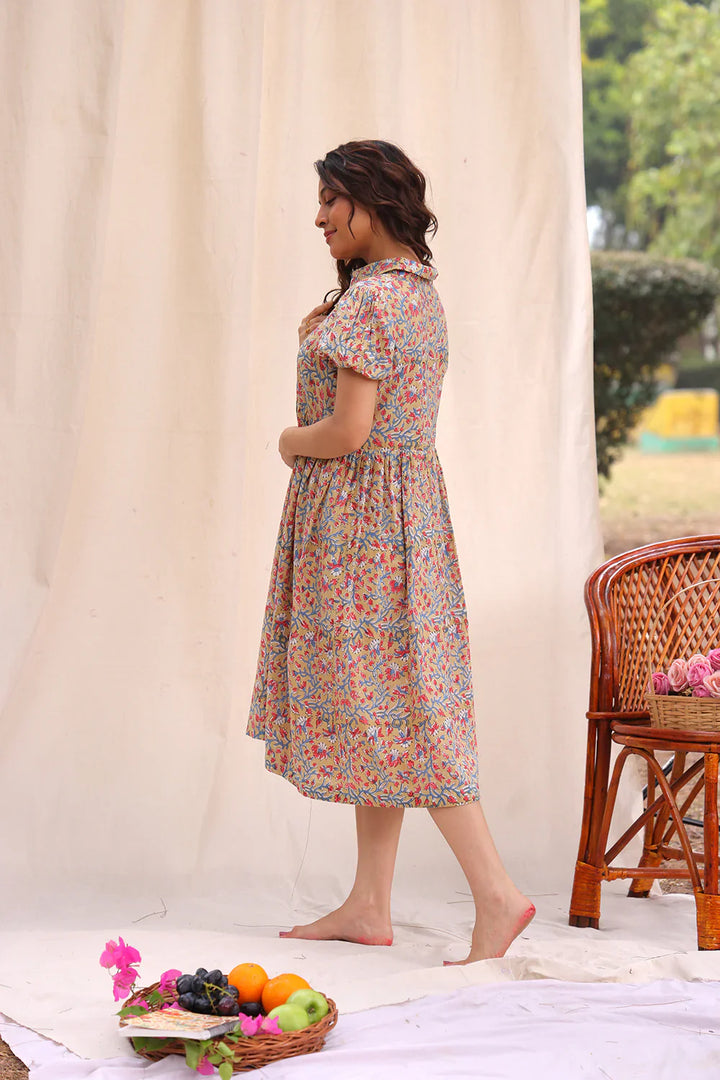 Beige Floral Block Print Cotton Dress | SHOBITAM