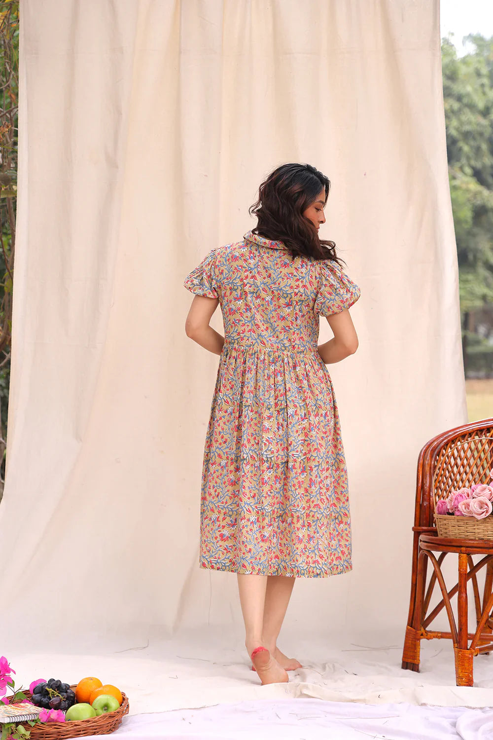 Beige Floral Block Print Cotton Dress | SHOBITAM