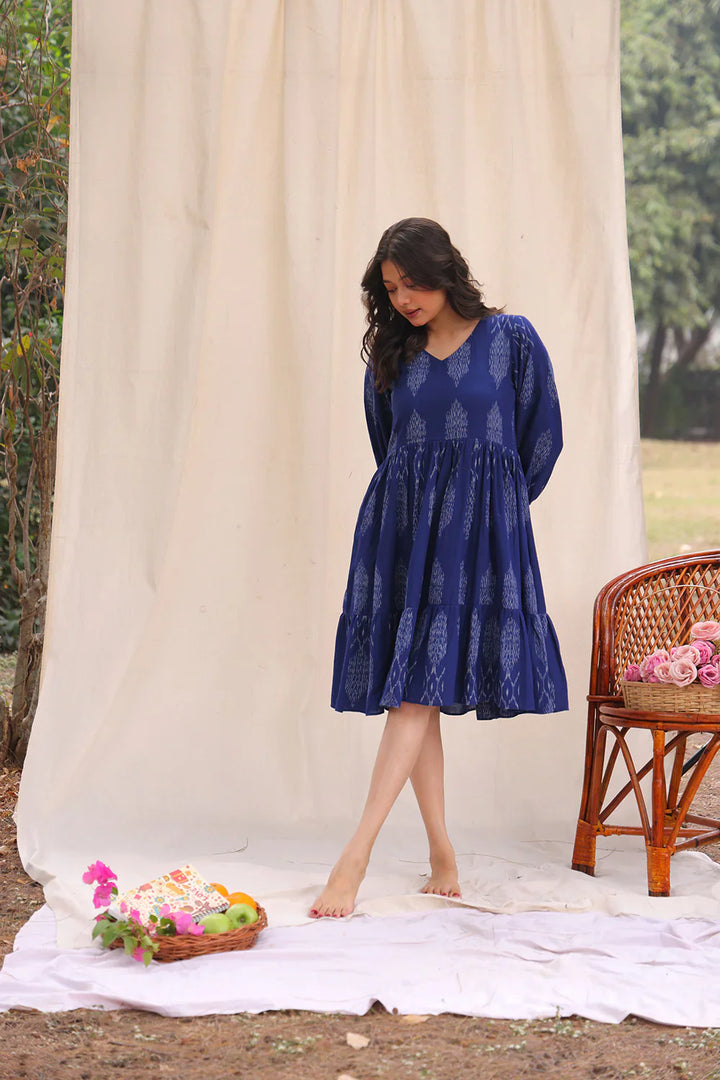 Twilight Blue Ikkat Cotton Dress | SHOBITAM