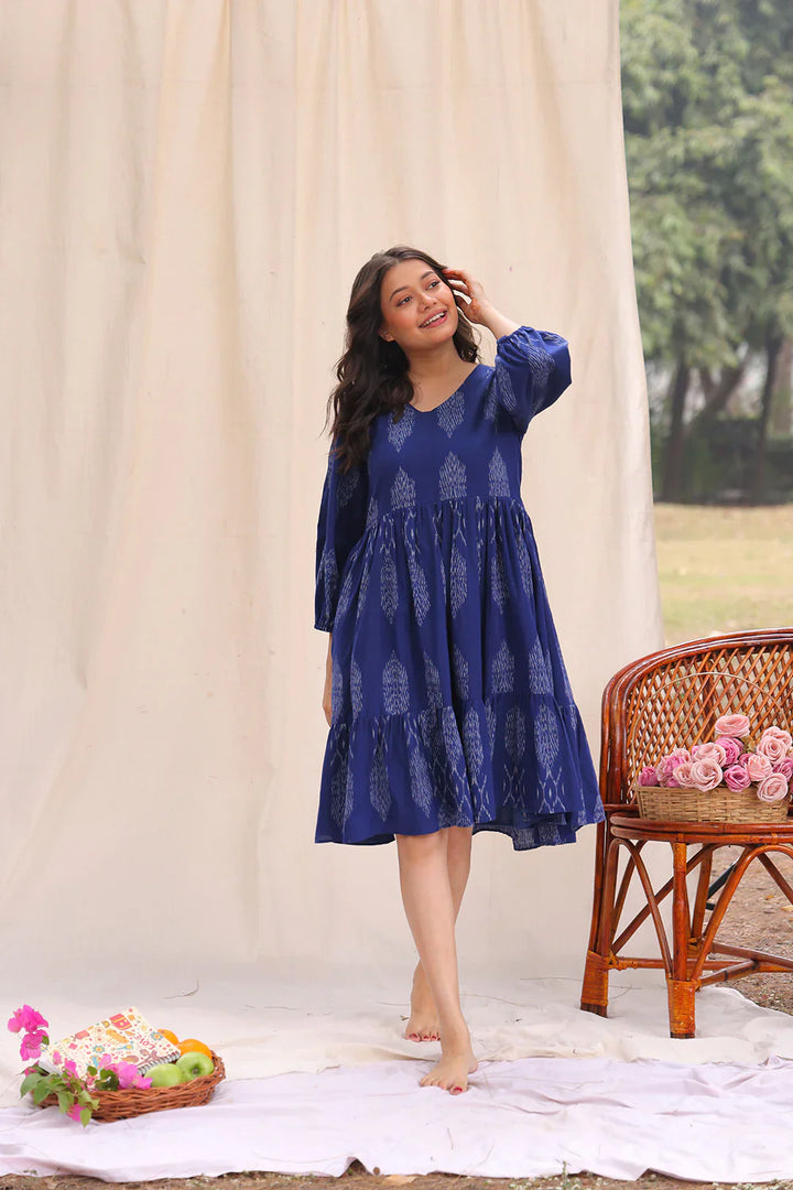 Twilight Blue Ikkat Cotton Dress | SHOBITAM